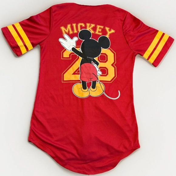 Disney Mickey Mouse Baseball Jersey #28 Womens S Red Button Down Short Sleeve - Picture 2 of 6
